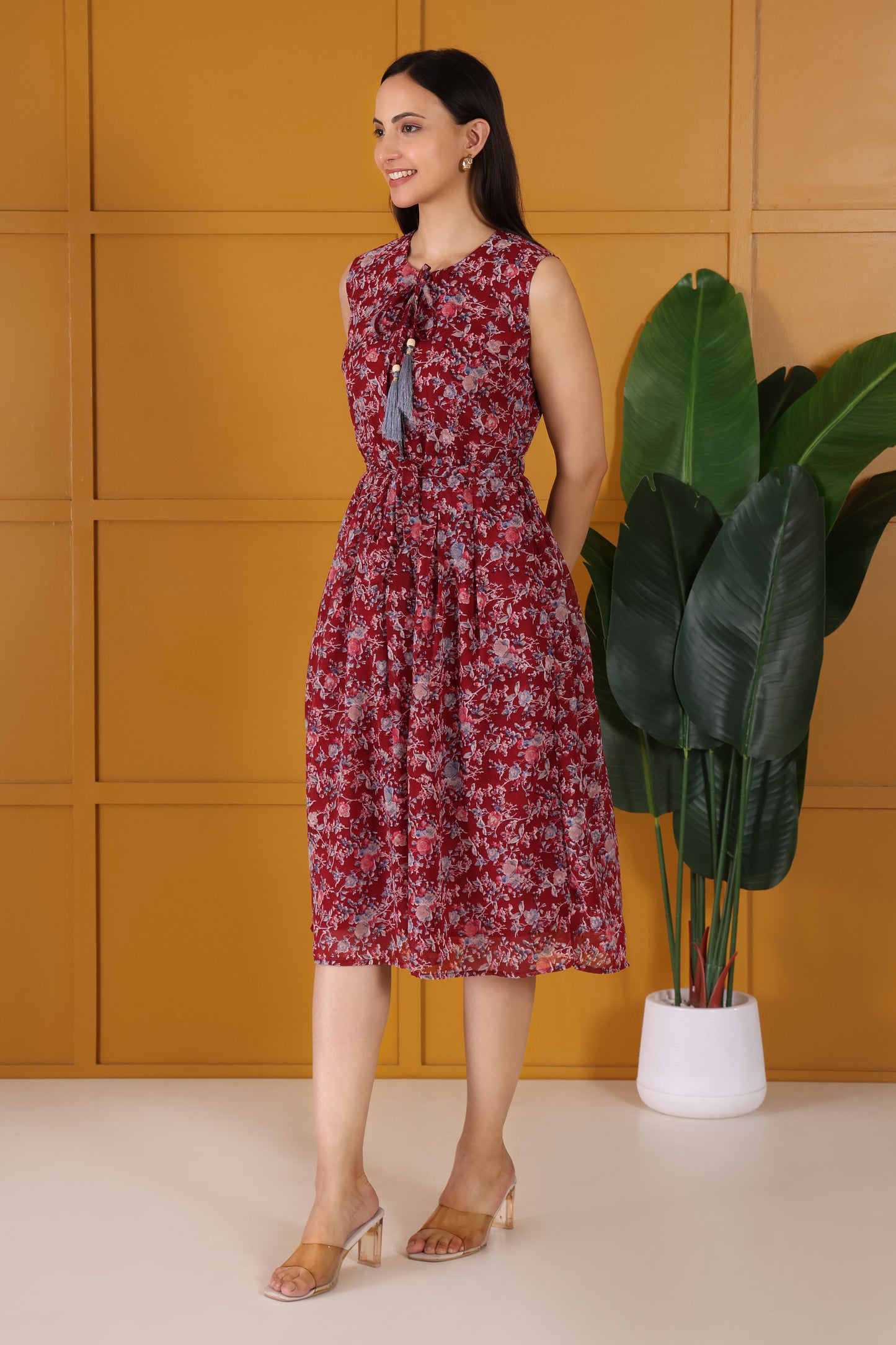 Elegant Maroon Floral Printed Flare Maxi dress
