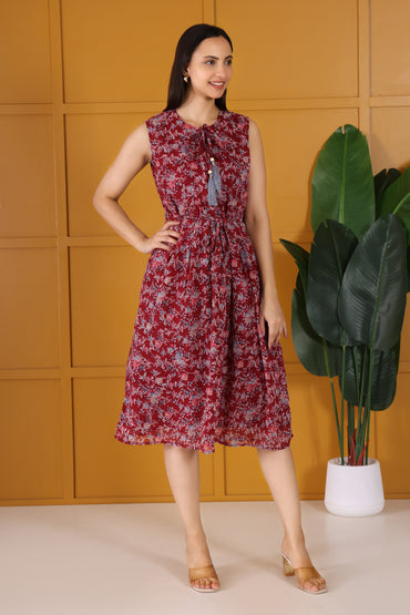 Elegant Maroon Floral Printed Flare Maxi dress