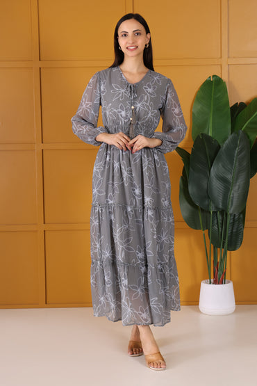 Hosita Grey Ethnic Floral Printed Pure Georgette Tiered Gown Dress