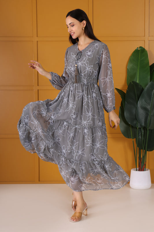 Hosita Grey Ethnic Floral Printed Pure Georgette Tiered Gown Dress