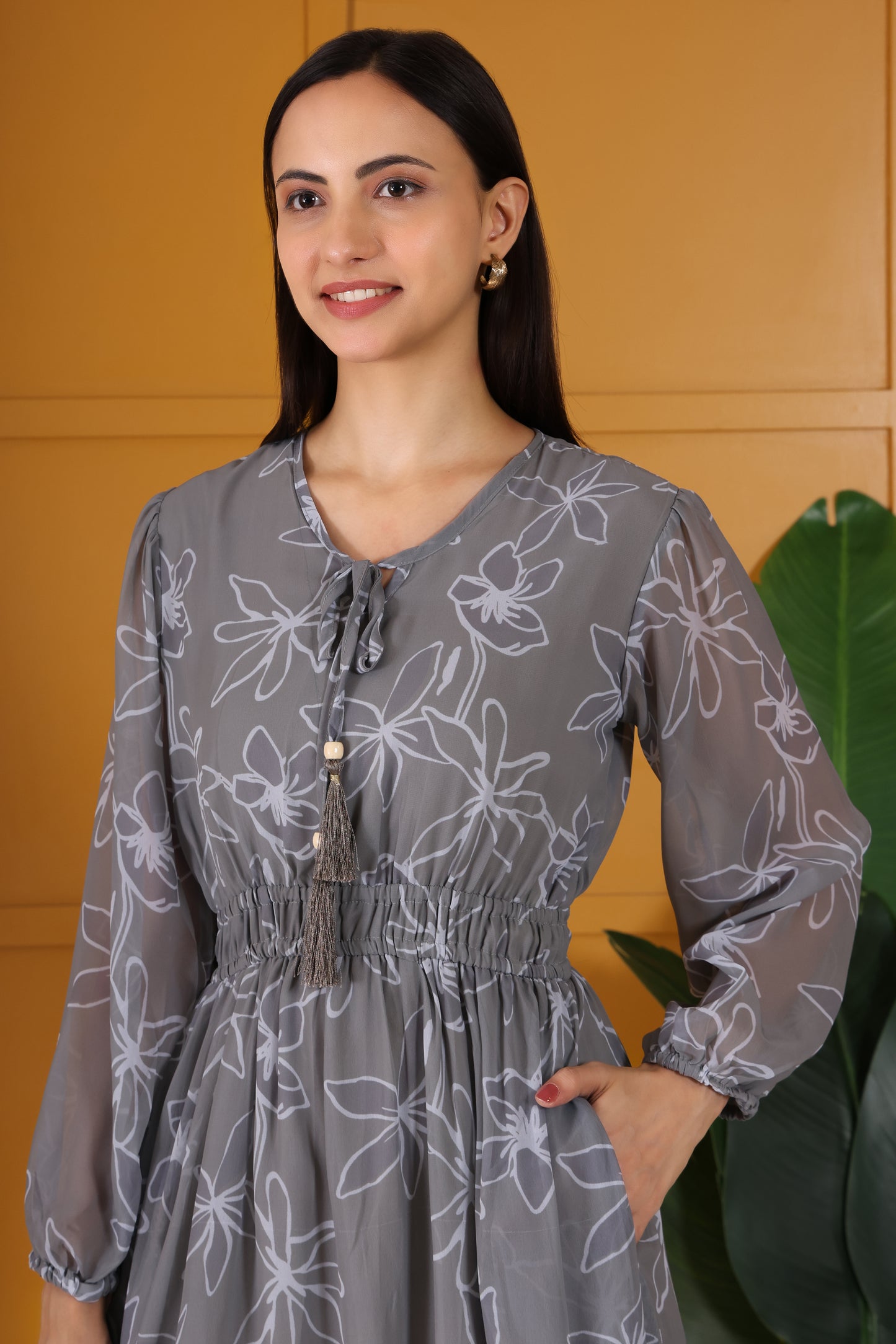 Hosita Grey Ethnic Floral Printed Pure Georgette Tiered Gown Dress