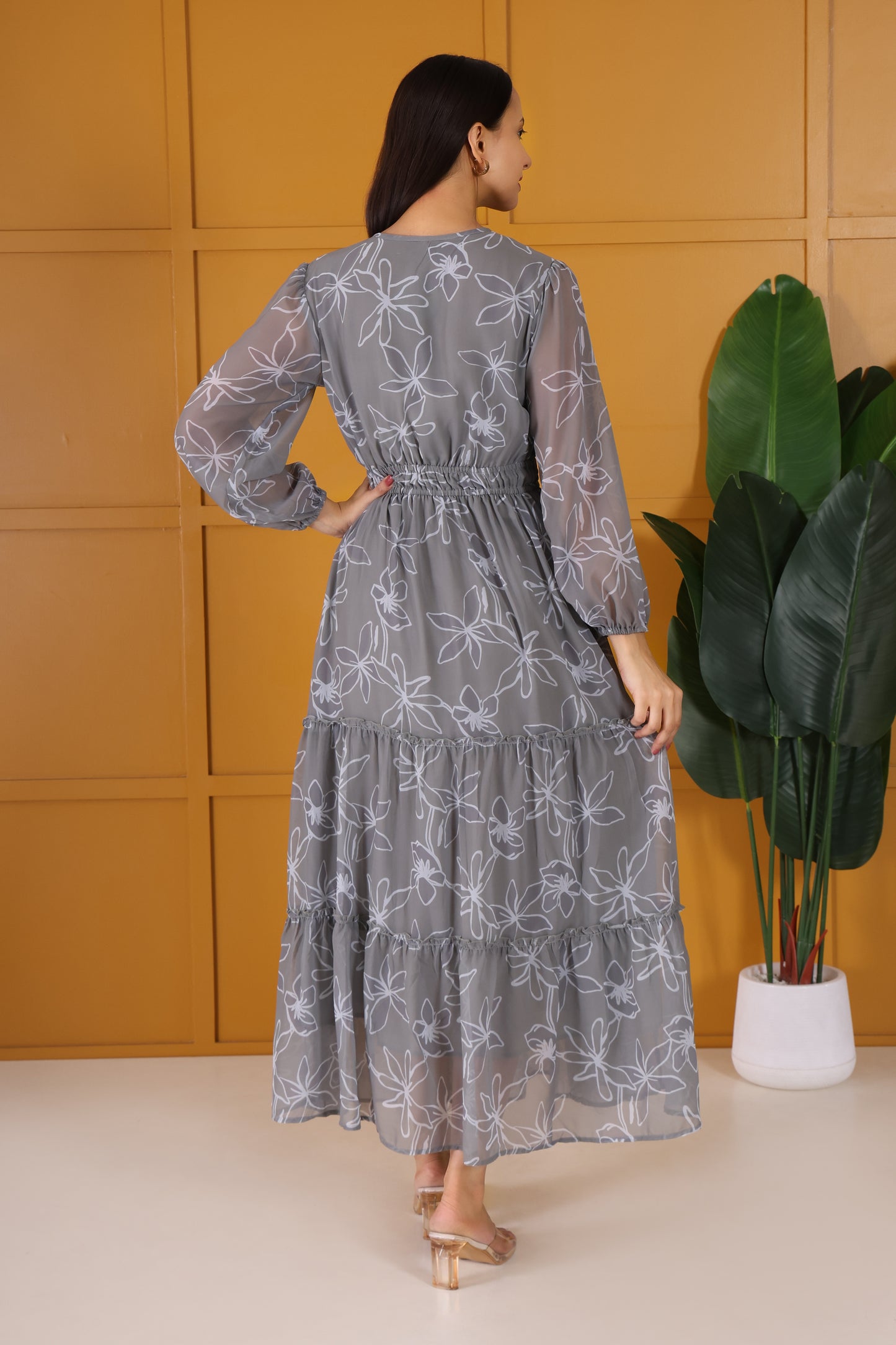 Hosita Grey Ethnic Floral Printed Pure Georgette Tiered Gown Dress