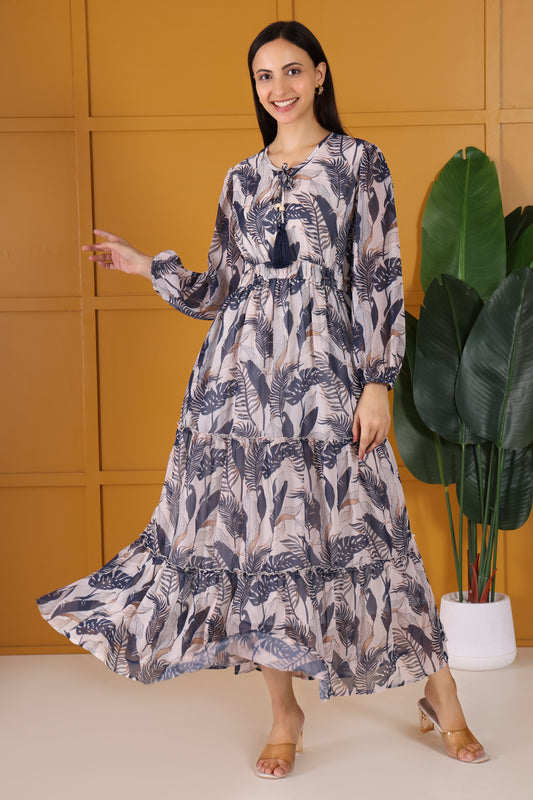 Beige Base With Grey Leaf Printed Pure Georgette Tiered Gown Dress