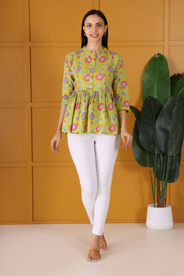 Hosita Mustard Printed Cotton Voile Tunic