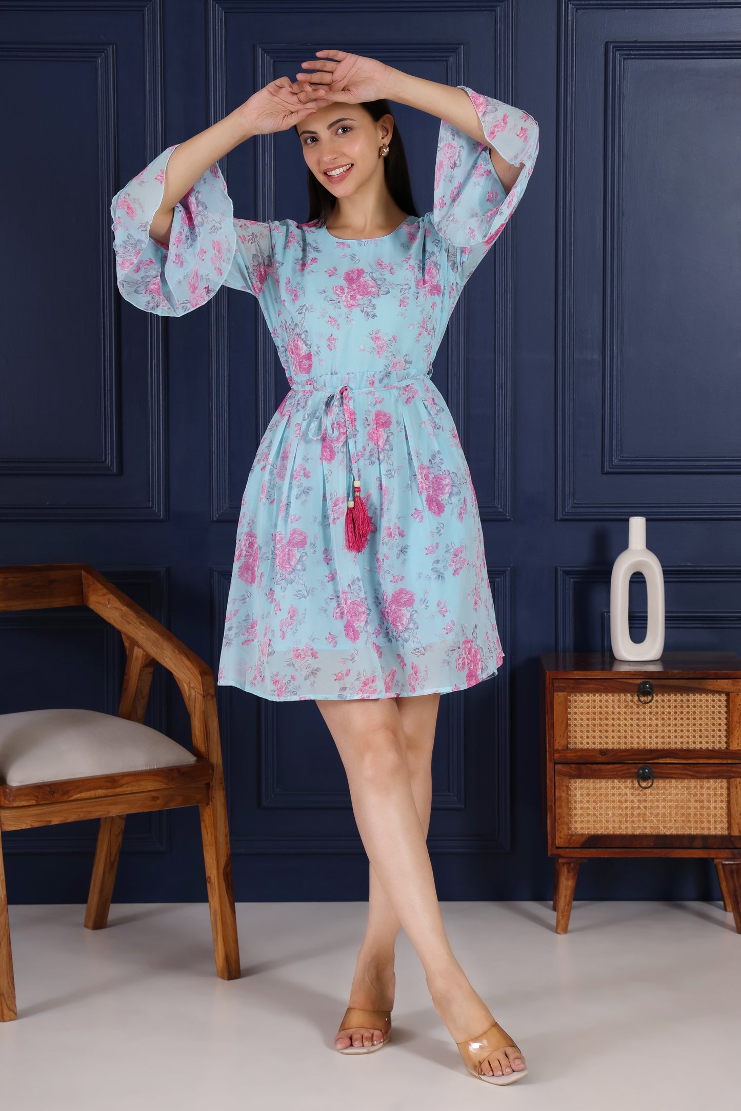 Sky Blue Floral Printed Flare Short dress