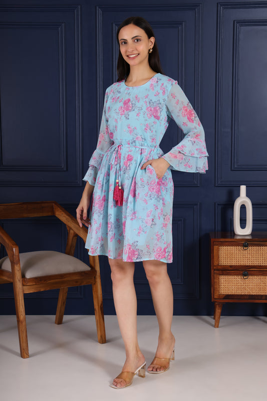 Sky Blue Floral Printed Flare Short dress