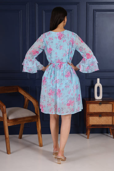 Sky Blue Floral Printed Flare Short dress