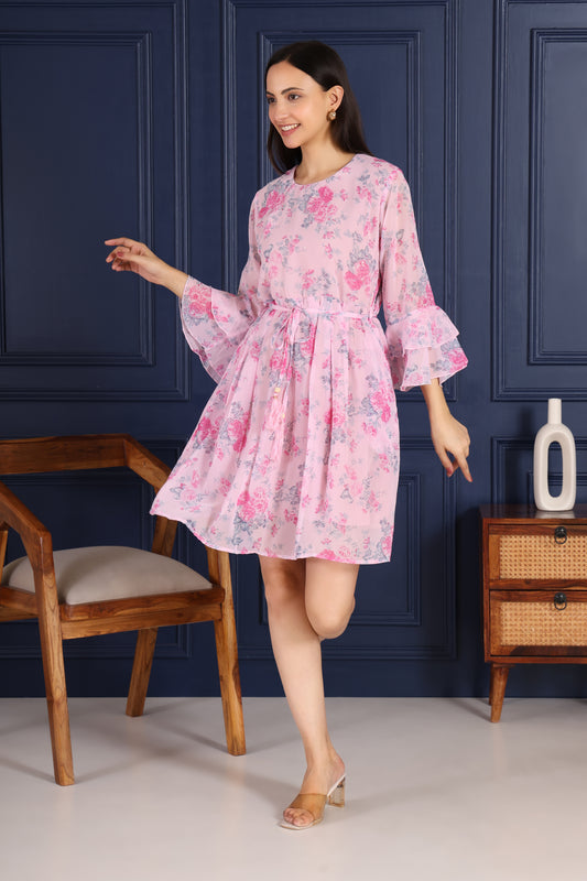 Pink Floral Printed Flare Short dress With Front Dori