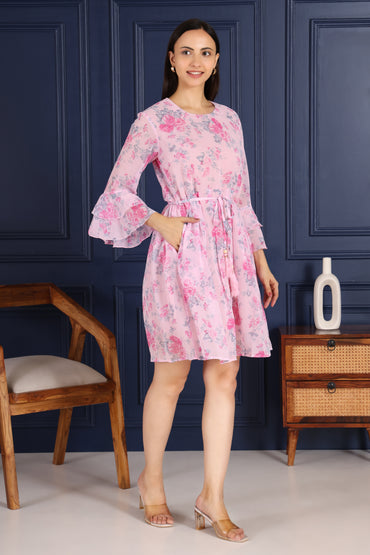 Pink Floral Printed Flare Short dress With Front Dori