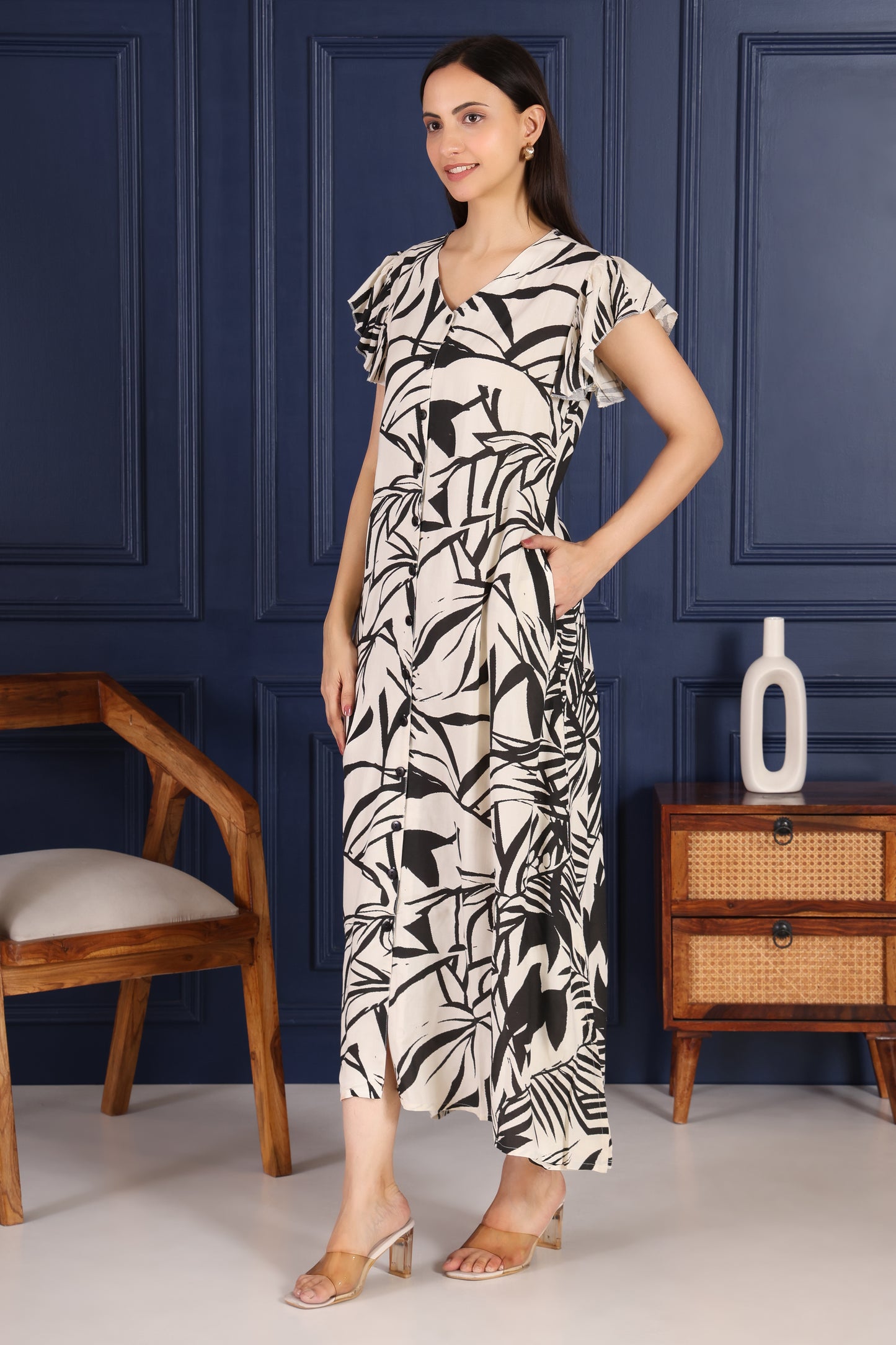 Hosita Ivory with Black print Pure Cotton Long dress with Straight Button Line