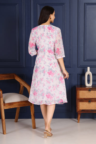 White Base Pink Floral Printed Dress With Button sequence