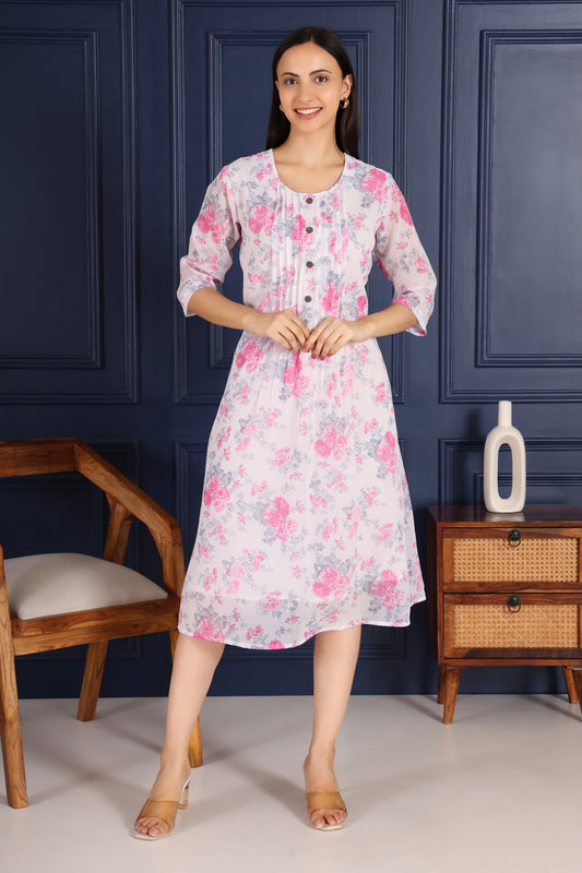White Base Pink Floral Printed Dress With Button sequence