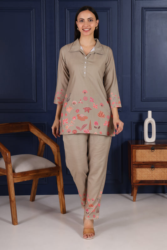 Caramel Floral Embroidered Co-Ord Set – Summer Bloom Edition