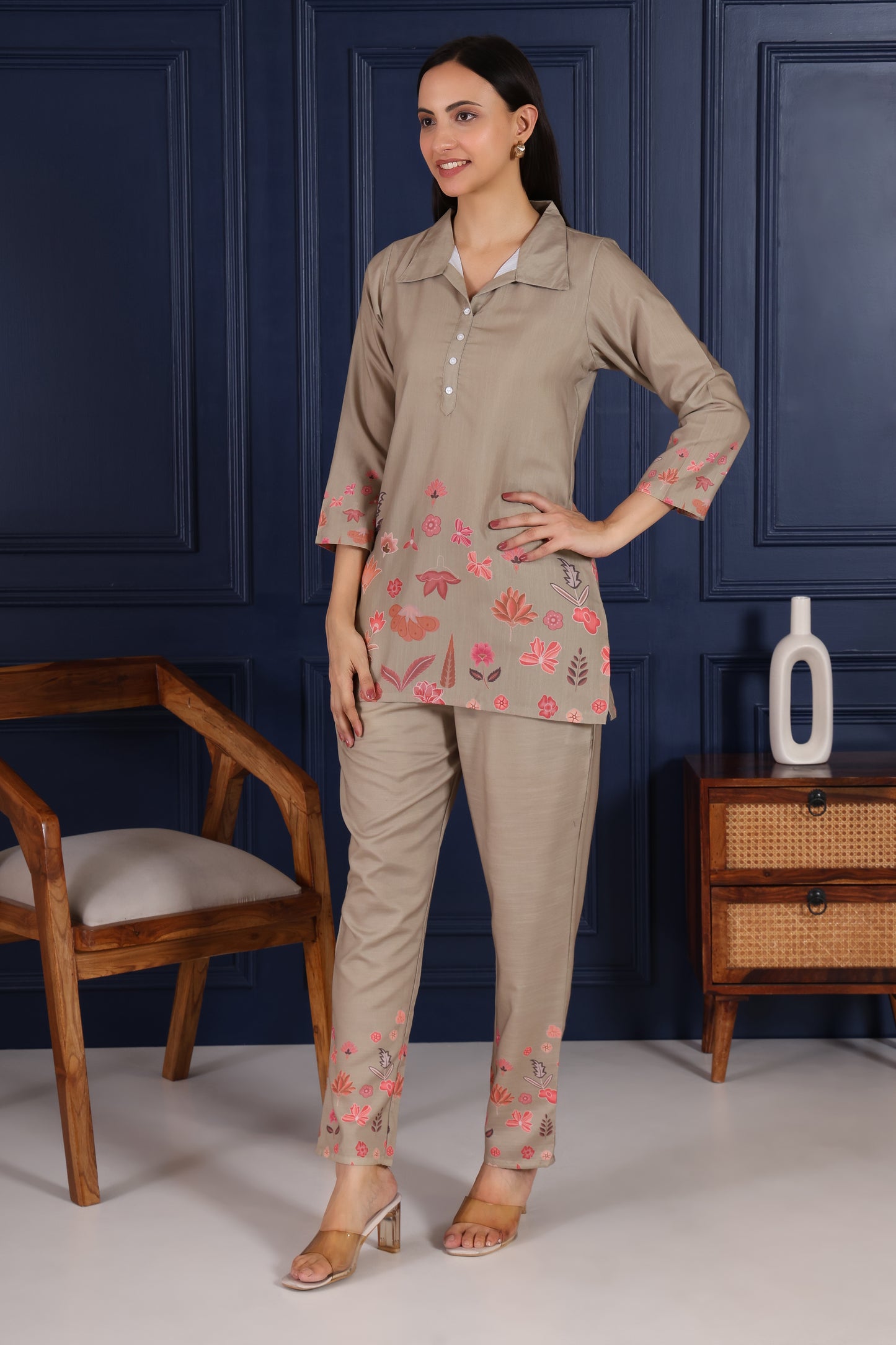 Caramel Floral Embroidered Co-Ord Set – Summer Bloom Edition