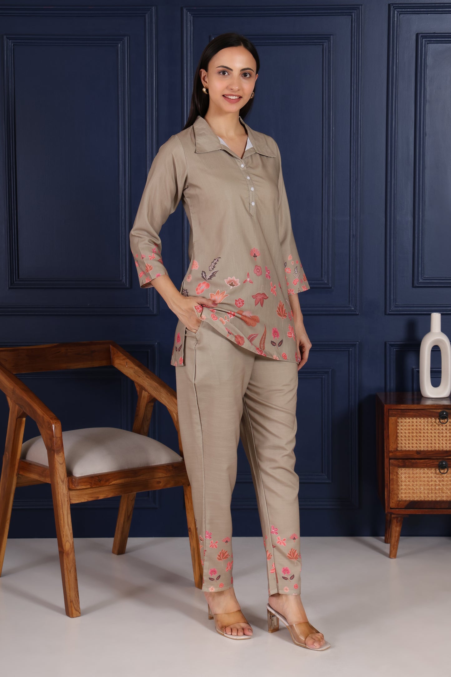 Caramel Floral Embroidered Co-Ord Set – Summer Bloom Edition