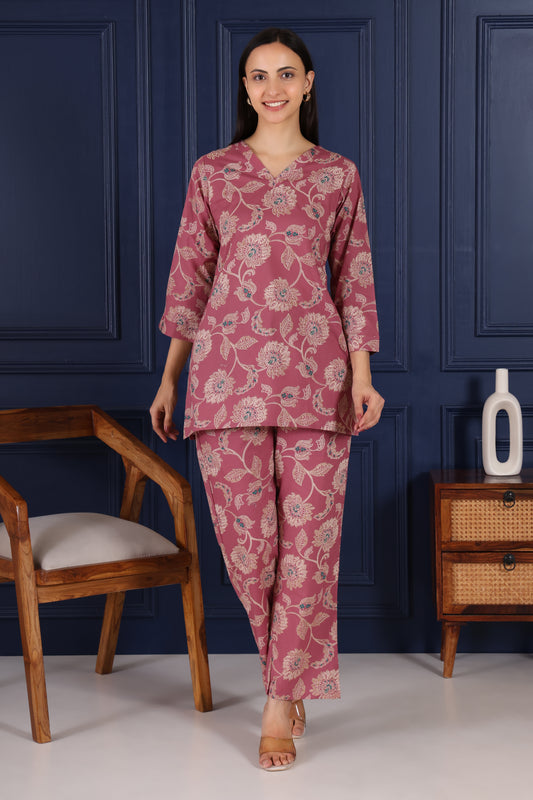 Stylish Magenta With Intricate Embroidery Print Co Ord Set