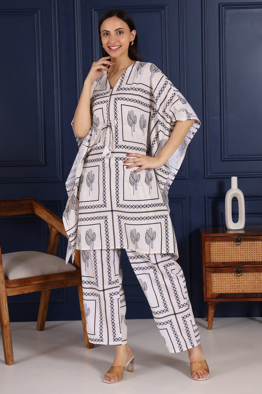 Hosita White with Ethnic Black Print Kaftan Co Ord Set