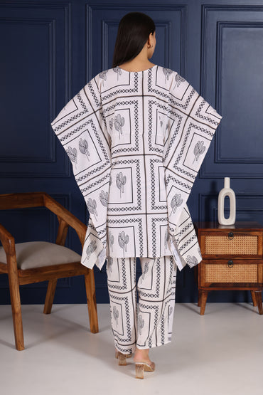 Hosita White with Ethnic Black Print Kaftan Co Ord Set