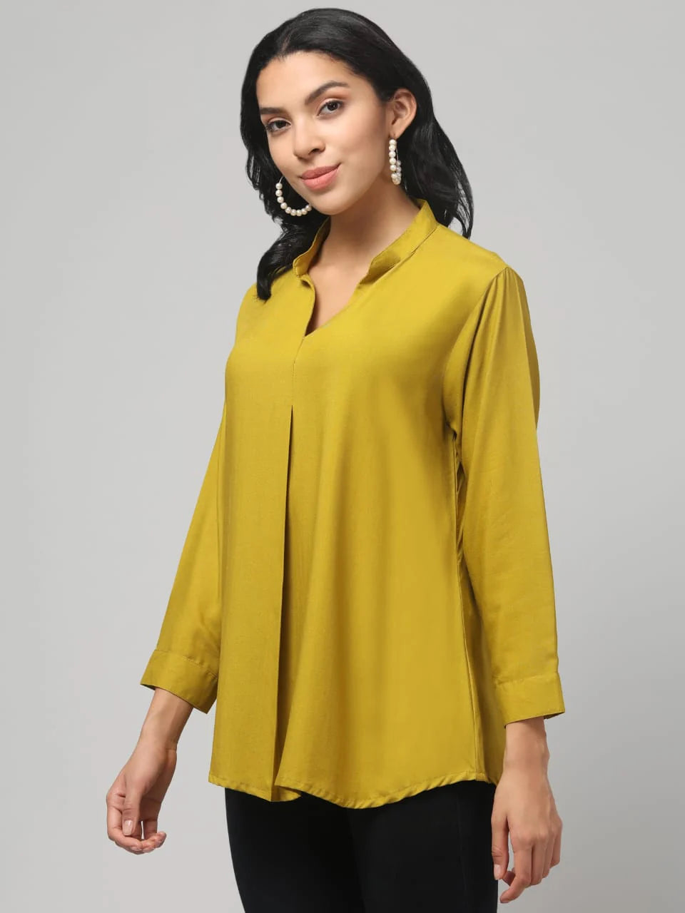Hosita Grey, Caramel and Olive Rayon Pleated Top