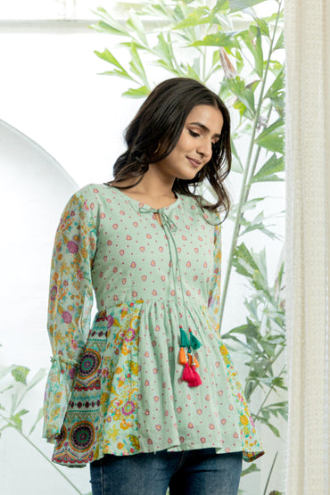 Ethnic Motif Printed Mint Green Georgette Tunic With Sequins & Doris