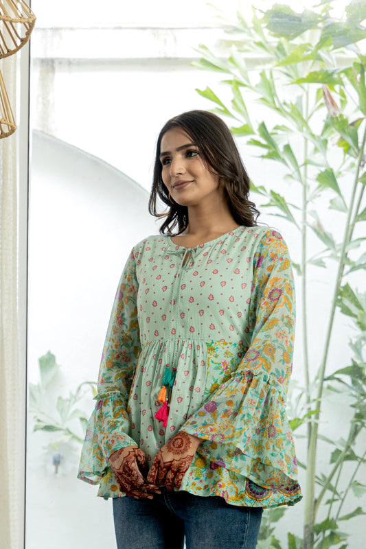 Ethnic Motif Printed Mint Green Georgette Tunic With Sequins & Doris