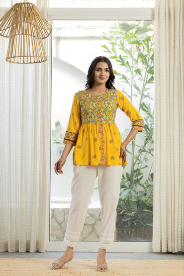 Mustard Embroidered Cotton Tunic With intricate Flower Pattern