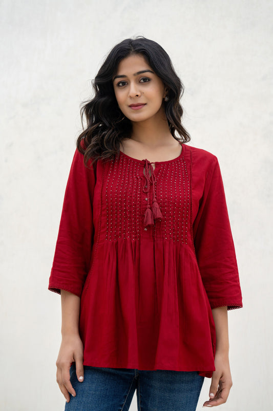 Rust Maroon Plated Tunic With Intricate Mirror & Thread Work