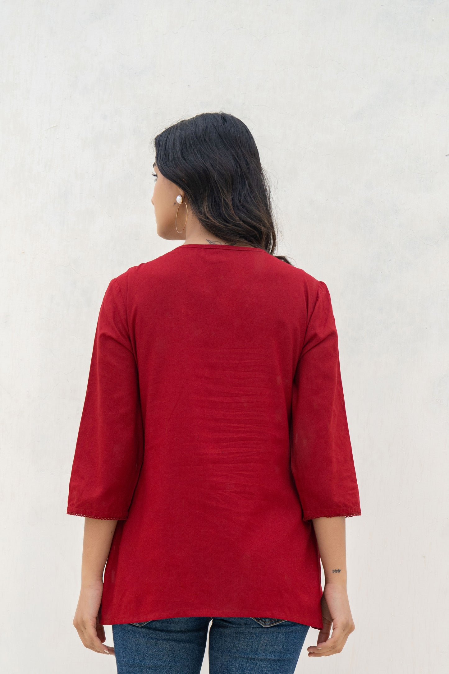Rust Maroon Plated Tunic With Intricate Mirror & Thread Work