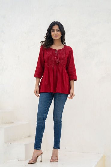 Rust Maroon Plated Tunic With Intricate Mirror & Thread Work