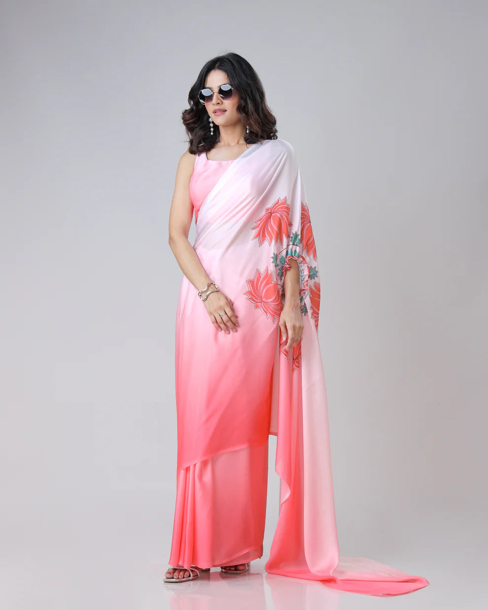 Hosita Beautiful Ombre Lotus Mandalaa Print Freehand Designer Saree
