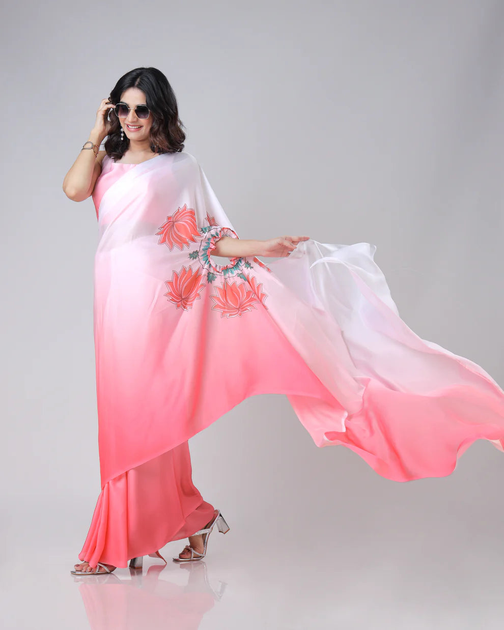 Hosita Beautiful Ombre Lotus Mandalaa Print Freehand Designer Saree