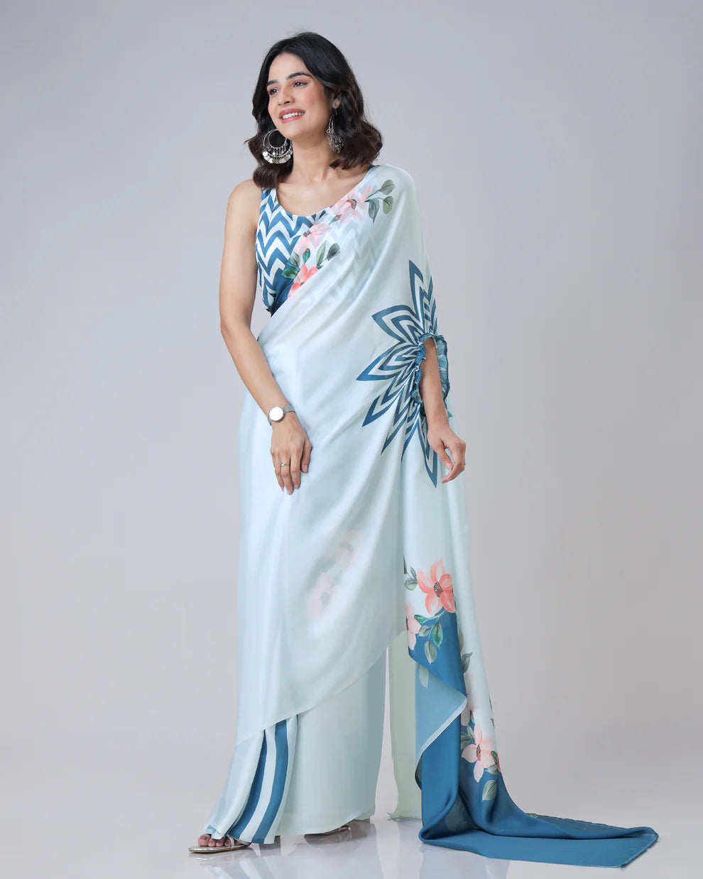Hosita Lovely Sea Blue Floral Stripes Freehand Saree