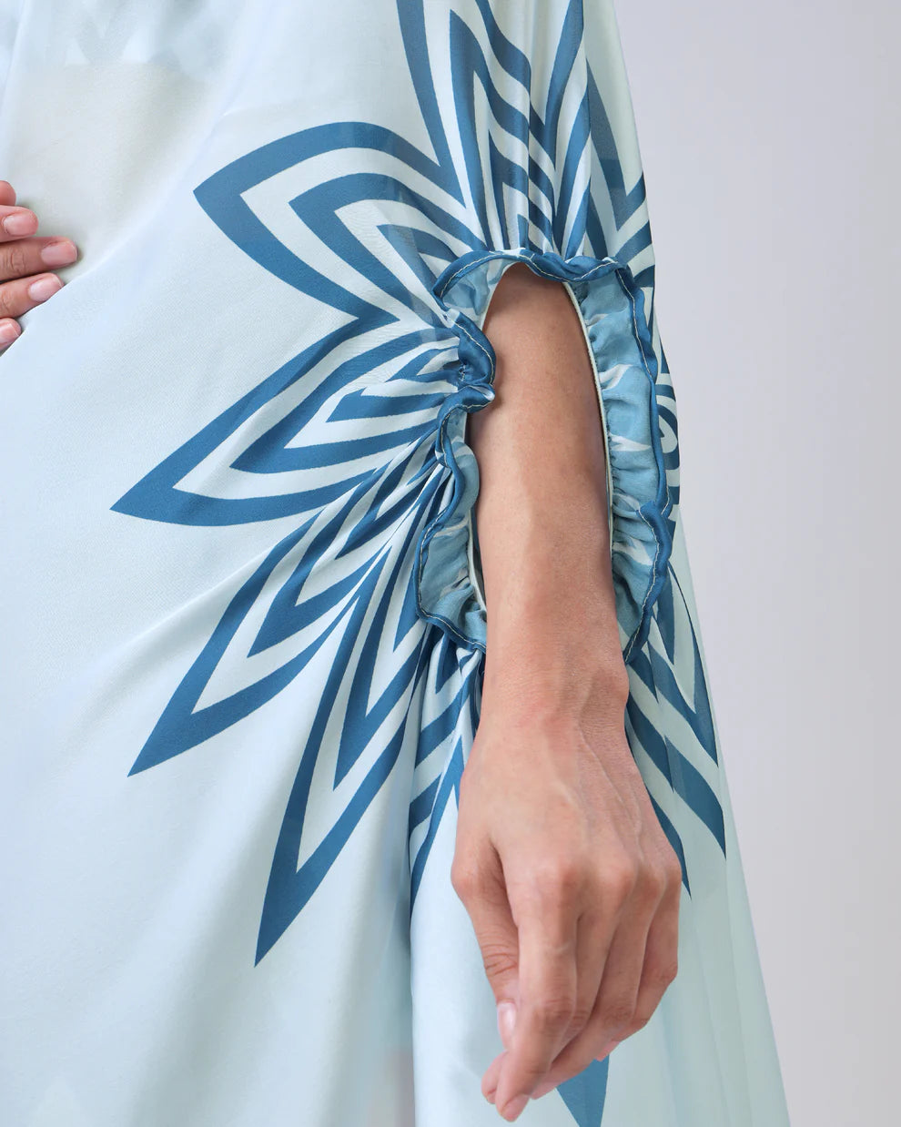 Hosita Lovely Sea Blue Floral Stripes Freehand Saree