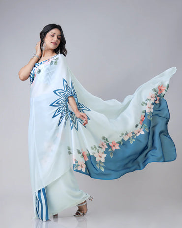 Hosita Lovely Sea Blue Floral Stripes Freehand Saree
