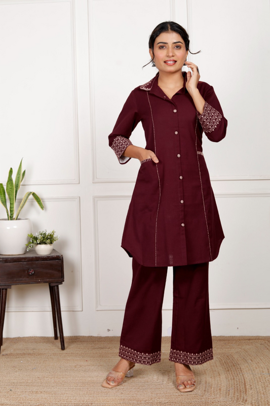 Dark Maroon Embroidery Cotton Flex Co-Ord Set With Front Pocket