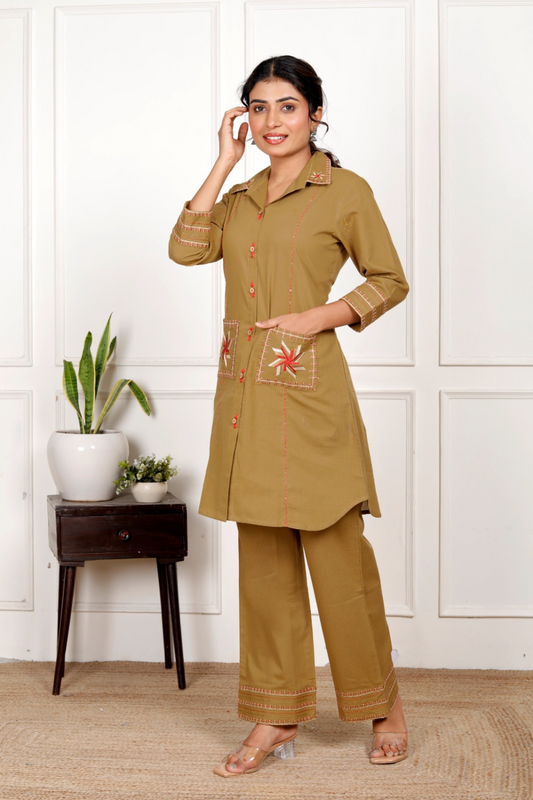 Coffee Beige Embroidery Cotton Co Ord Set with Front Pocket