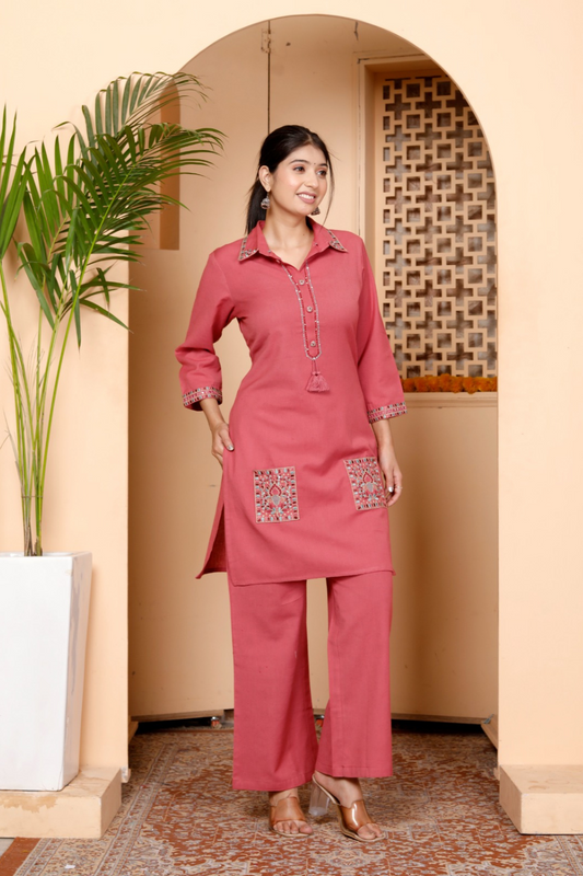 Pale Red Embroidery Cotton Co Ord Set with Front Pocket