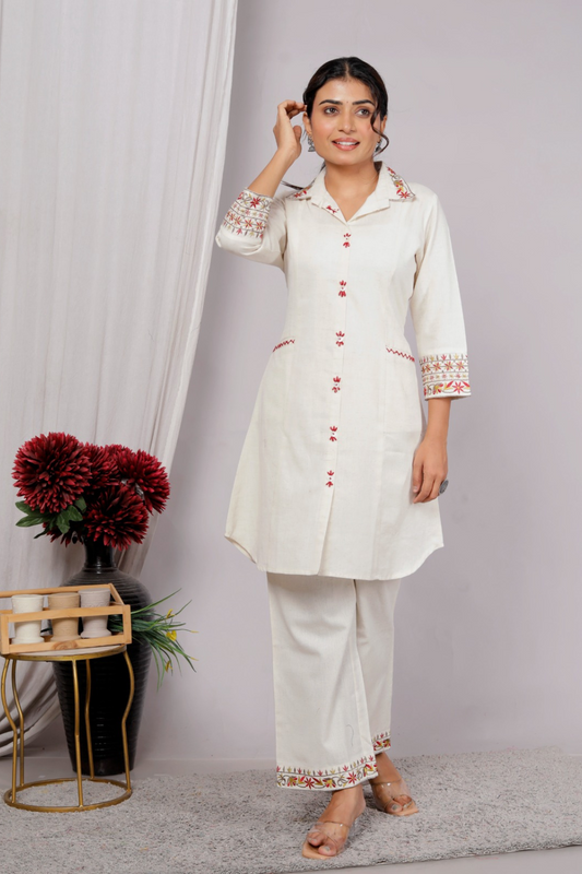 Magic White Embroidery Cotton Co Ord Set with Front Pocket