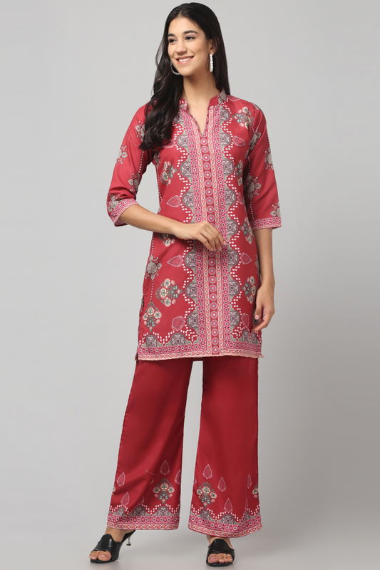 Aesthetic Red With Embroidery Print Co Ord Set