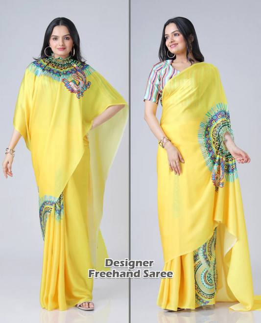 Hosita Yellow Traditional Freehand Saree