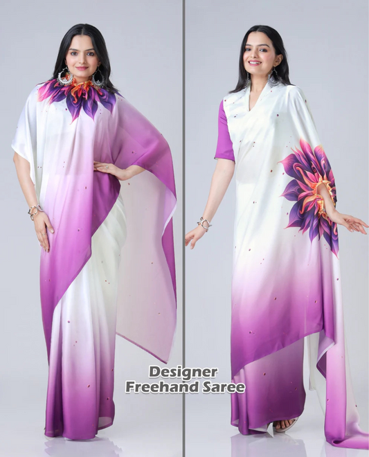 Hosita Violet Touch WoW Floral Ombre Freehand Designer Saree