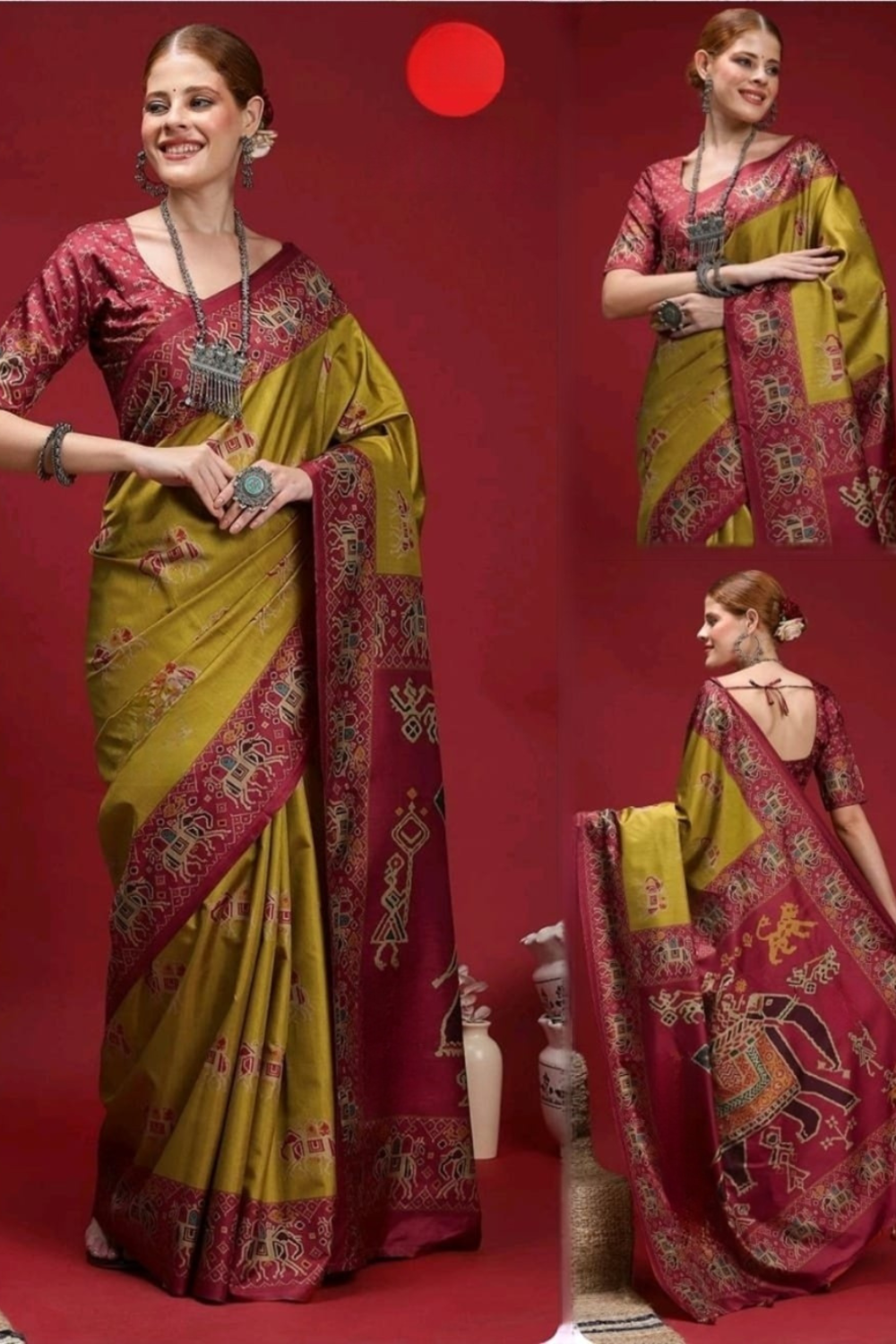 Hosita Magenta Yellow printed Silk Saree