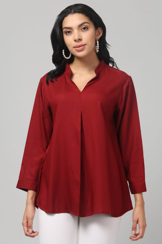 Maroon Rayon Pleated Top