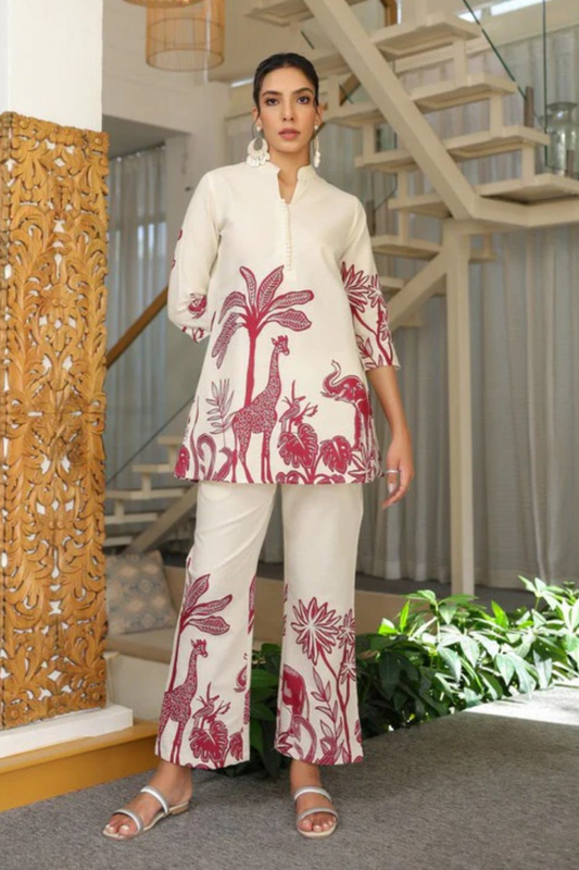 Awesome Red Print Jungle Theme Cotton Co Ord Set