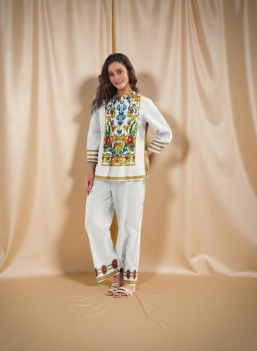 Bespoke Embroidery White Rayon Co Ord Set