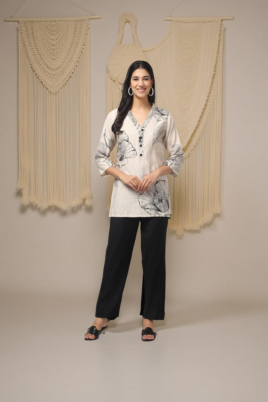 Contrast Off White Printed With Black Trouser Co Ord Set