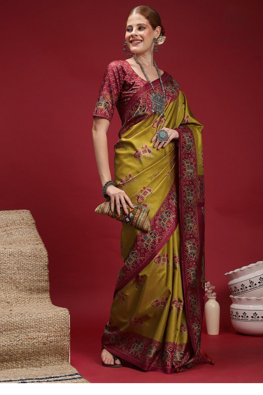 Hosita Magenta Yellow printed Silk Saree