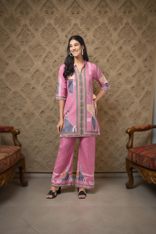 Aesthetic Pink With Embroidery Print Co Ord Set