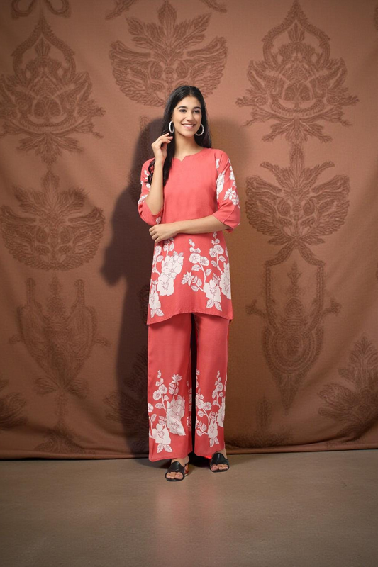 Floral Printed  Orange Red Co Ord Set