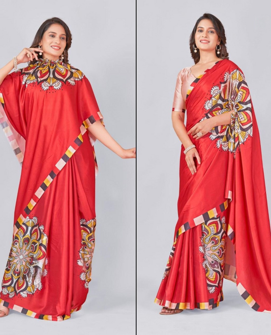 Hosita Classic Red Mandalaa Print Freehand Designer Saree